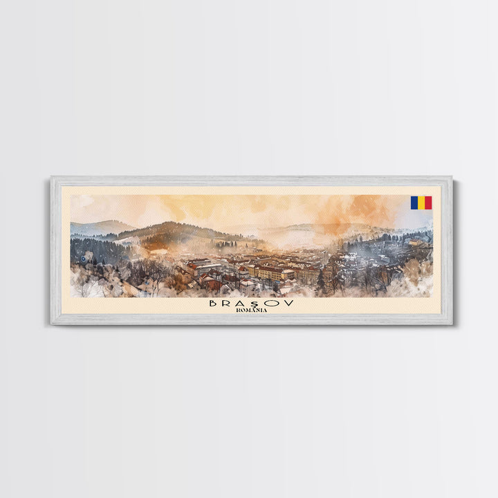 Brasov Romania Panoramic Travel Poster, Framed Canvas Print or Metal Wall Art, Travel Art, Home Decor, Panoramic Painting, Midcentury Art
