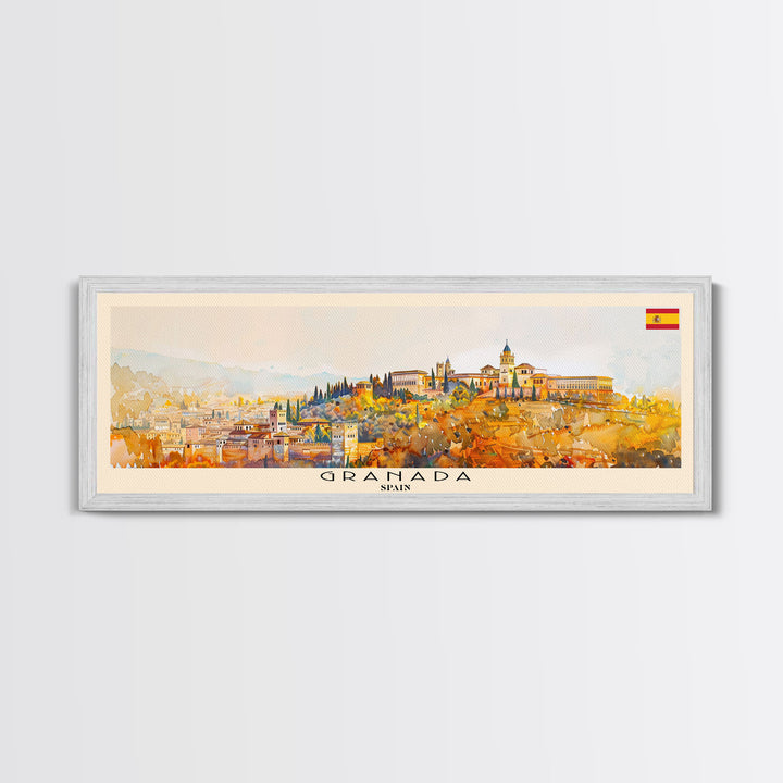 Granada Spain Panoramic Travel Poster, Framed Canvas Print or Metal Wall Art, Travel Art, Home Decor, Panoramic Painting, Midcentury Art