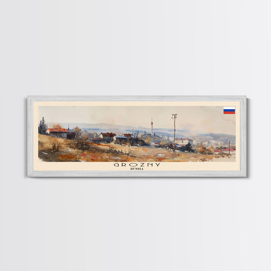 Grozny Russia Panoramic Travel Poster, Framed Canvas Print or Metal Wall Art, Travel Art, Home Decor, Panoramic Painting, Midcentury Art