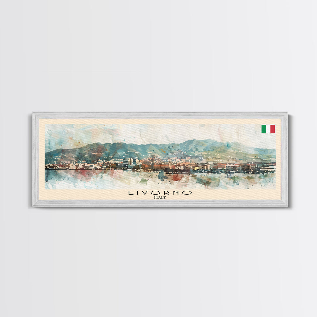 Livorno Italy Panoramic Travel Poster, Framed Canvas Print or Metal Wall Art, Travel Art, Home Decor, Panoramic Painting, Midcentury Art