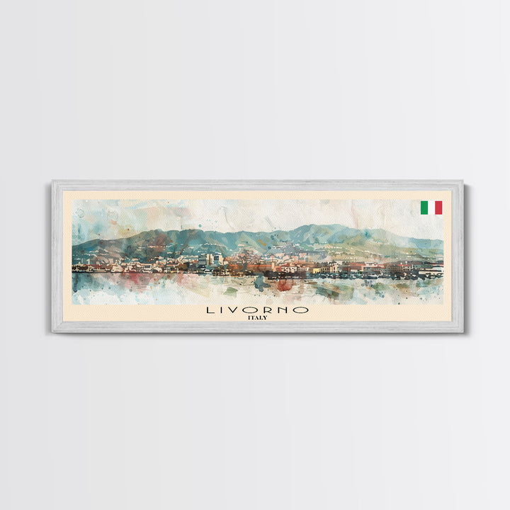 Livorno Italy Panoramic Travel Poster, Framed Canvas Print or Metal Wall Art, Travel Art, Home Decor, Panoramic Painting, Midcentury Art