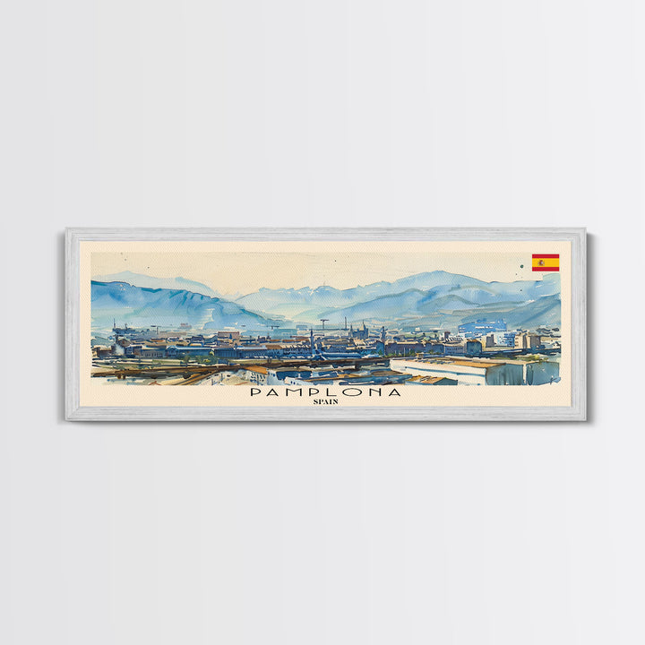 Pamplona Spain Panoramic Travel Poster, Framed Canvas Print or Metal Wall Art, Travel Art, Home Decor, Panoramic Painting, Midcentury Art