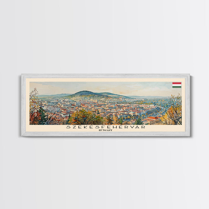 Szkesfehervar Hungary Panoramic Travel Poster, Framed Canvas Print or Metal Wall Art, Travel Art, Home Decor, Panoramic Painting, Midcentury Art