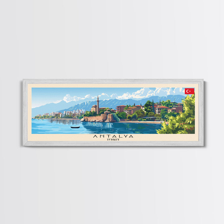 Antalya Turkey Panoramic Travel Poster, Framed Canvas Print or Metal Wall Art, Travel Art, Home Decor, Panoramic Painting, Midcentury Art