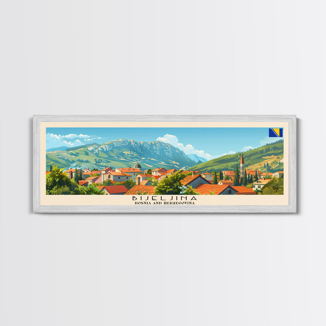 Bijeljina Bosnia Panoramic Travel Poster, Framed Canvas Print or Metal Wall Art, Travel Art, Home Decor, Panoramic Painting, Midcentury Art