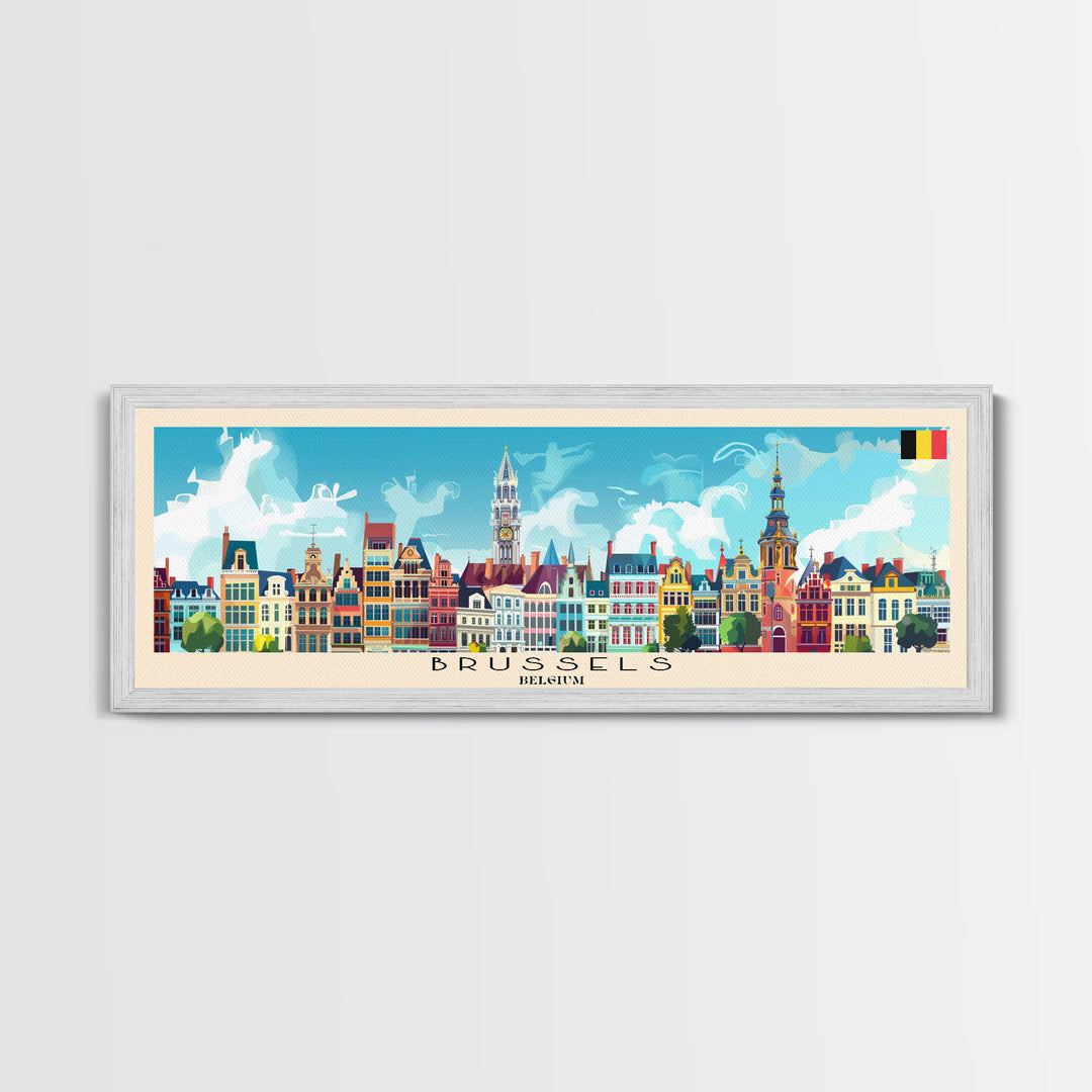 Brussels Belgium Panoramic Travel Poster, Framed Canvas Print or Metal Wall Art, Travel Art, Home Decor, Panoramic Painting, Midcentury Art