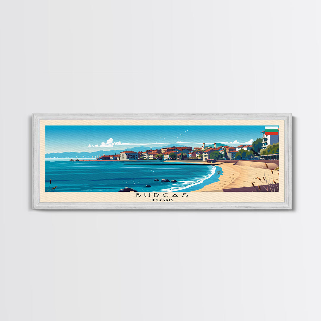 Burgas Bulgaria Panoramic Travel Poster, Framed Canvas Print or Metal Wall Art, Travel Art, Home Decor, Panoramic Painting, Midcentury Art