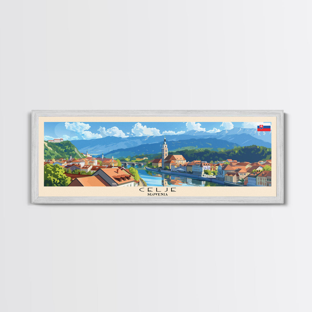 Celje Slovenia Panoramic Travel Poster, Framed Canvas Print or Metal Wall Art, Travel Art, Home Decor, Panoramic Painting, Midcentury Art