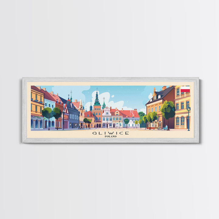 Gliwice Poland Panoramic Travel Poster, Framed Canvas Print or Metal Wall Art, Travel Art, Home Decor, Panoramic Painting, Midcentury Art