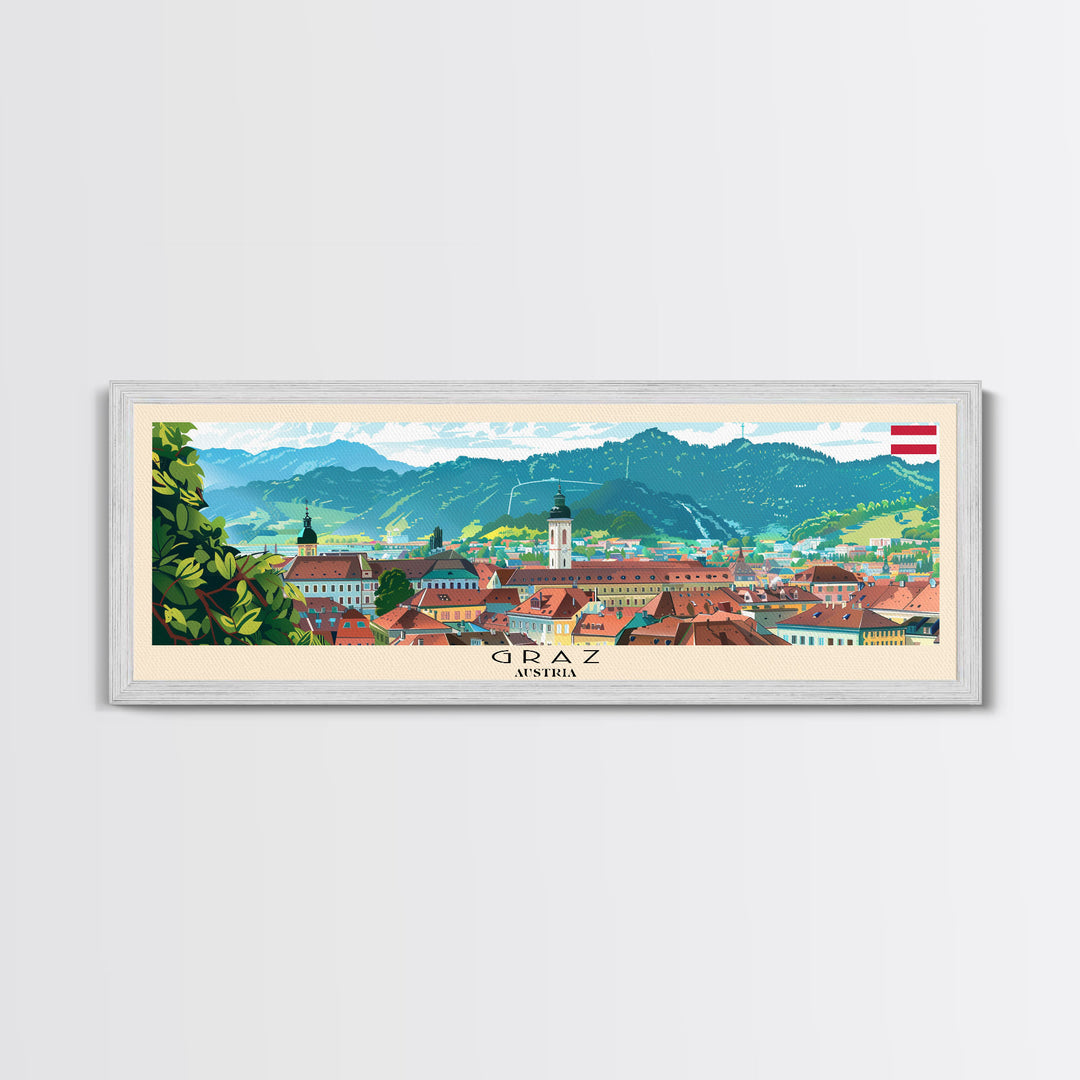 Graz Austria Wall Art, Panoramic Travel Poster, Panoramic Framed Canvas Print, City Wall Art, Wall Hanging Home Decor, Travel Art