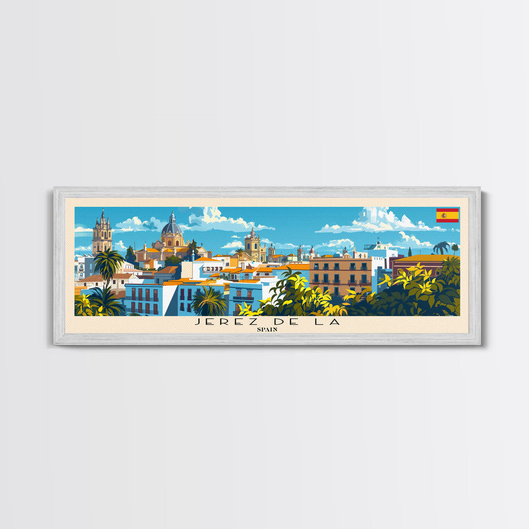 Jerez D eLa Frontera Spain Panoramic Travel Poster, Framed Canvas Print or Metal Wall Art, Travel Art, Home Decor, Panoramic Painting, Midcentury Art