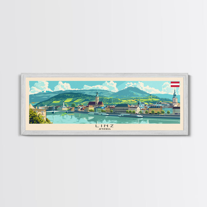 Linz Austria Panoramic Travel Poster, Framed Canvas Print or Metal Wall Art, Travel Art, Home Decor, Panoramic Painting, Midcentury Art