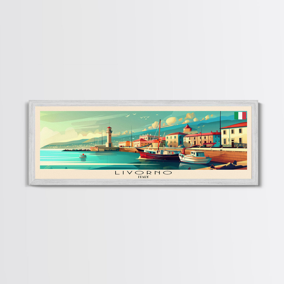 Livorno Italy Panoramic Travel Poster, Framed Canvas Print or Metal Wall Art, Travel Art, Home Decor, Panoramic Painting, Midcentury Art