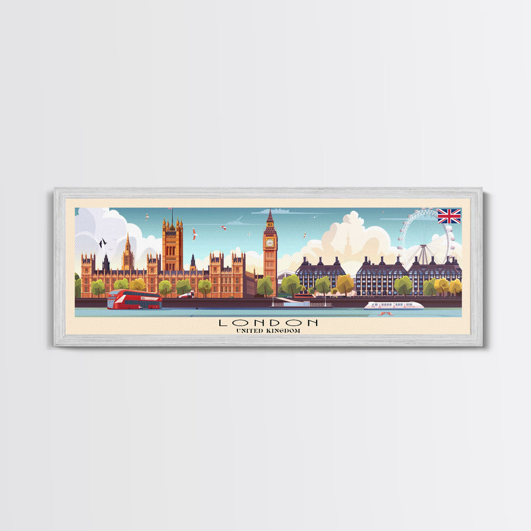 London United Kingdom Panoramic Travel Poster, Framed Canvas Print or Metal Wall Art, Travel Art, Home Decor, Panoramic Painting, Midcentury Art