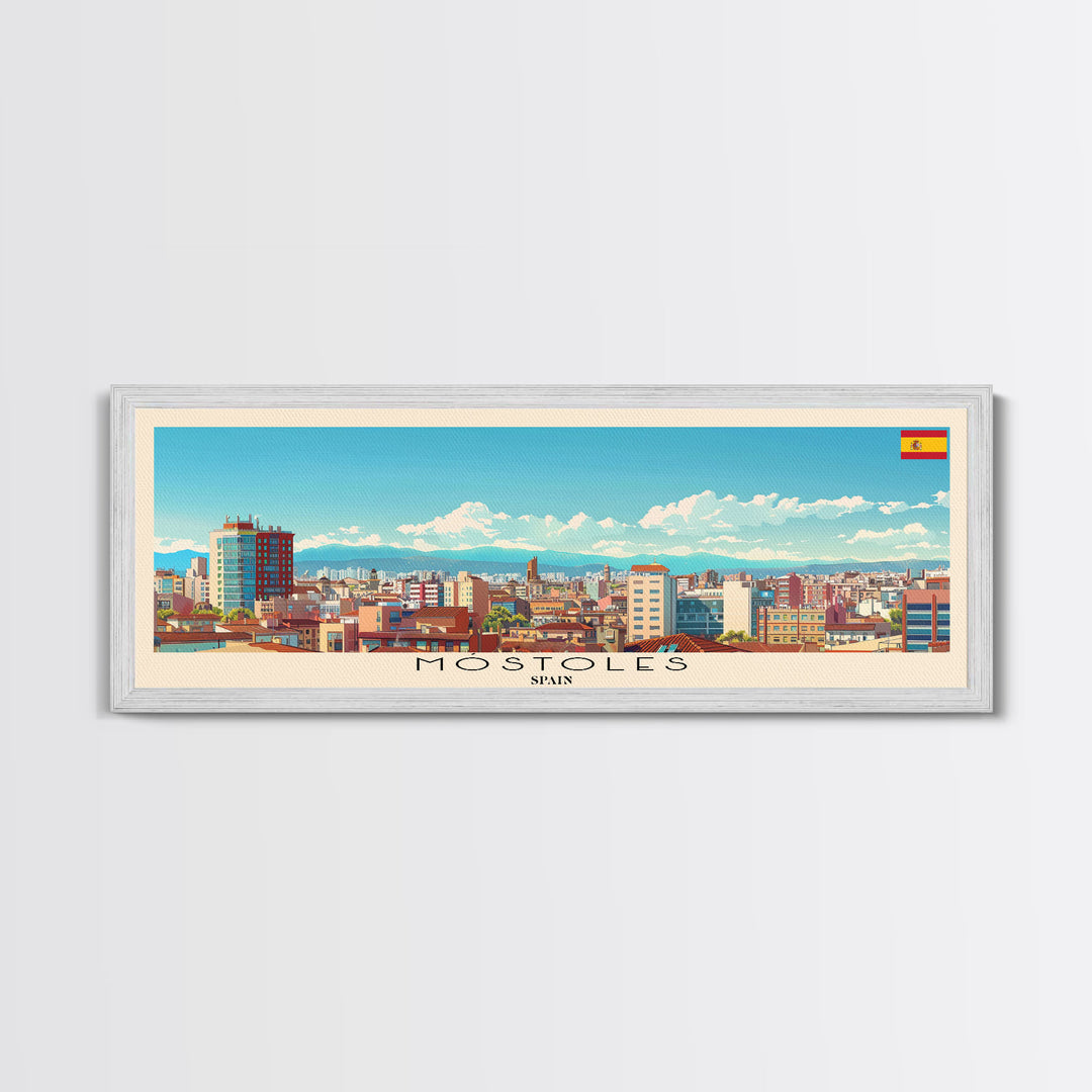 Mostoles Spain Panoramic Travel Poster, Framed Canvas Print or Metal Wall Art, Travel Art, Home Decor, Panoramic Painting, Midcentury Art