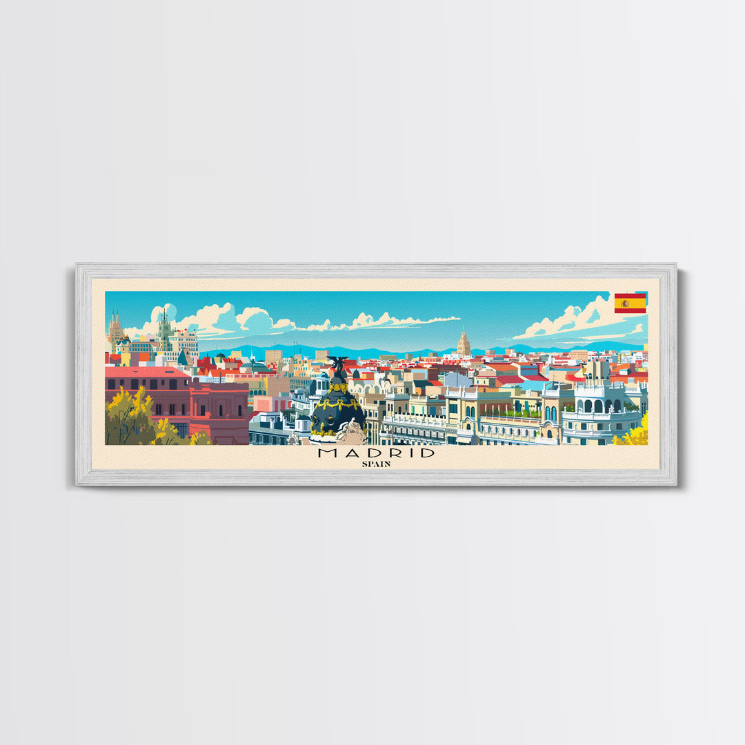 Madrid Spain Panoramic Travel Poster, Framed Canvas Print or Metal Wall Art, Travel Art, Home Decor, Panoramic Painting, Midcentury Art