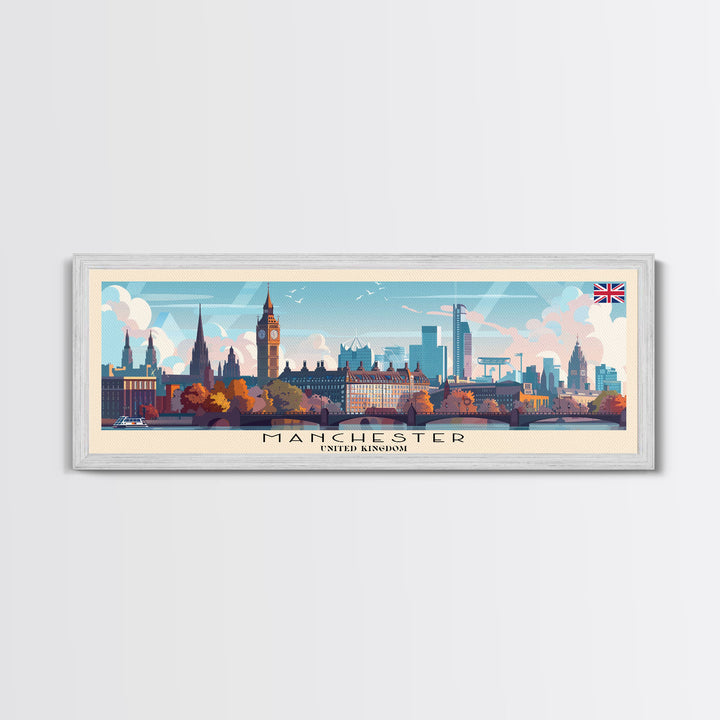Manchester United Kingdom Panoramic Travel Poster, Framed Canvas Print or Metal Wall Art, Travel Art, Home Decor, Panoramic Painting, Midcentury Art