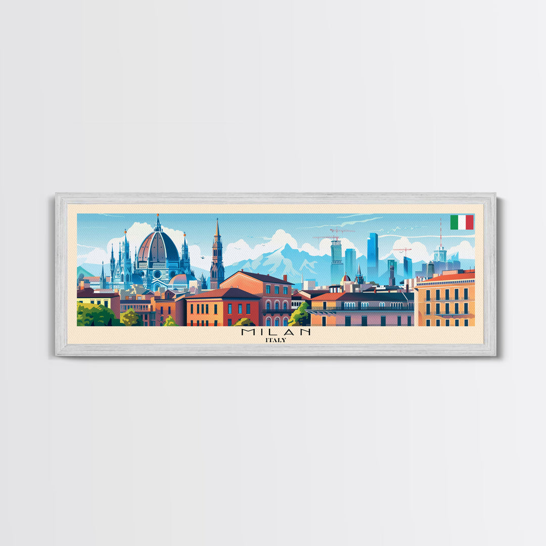 Milan Italy Panoramic Travel Poster, Framed Canvas Print or Metal Wall Art, Travel Art, Home Decor, Panoramic Painting, Midcentury Art