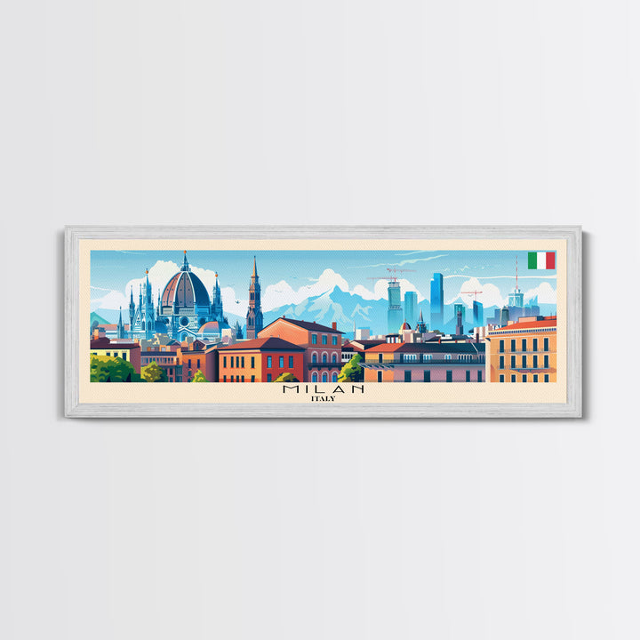 Milan Italy Panoramic Travel Poster, Framed Canvas Print or Metal Wall Art, Travel Art, Home Decor, Panoramic Painting, Midcentury Art