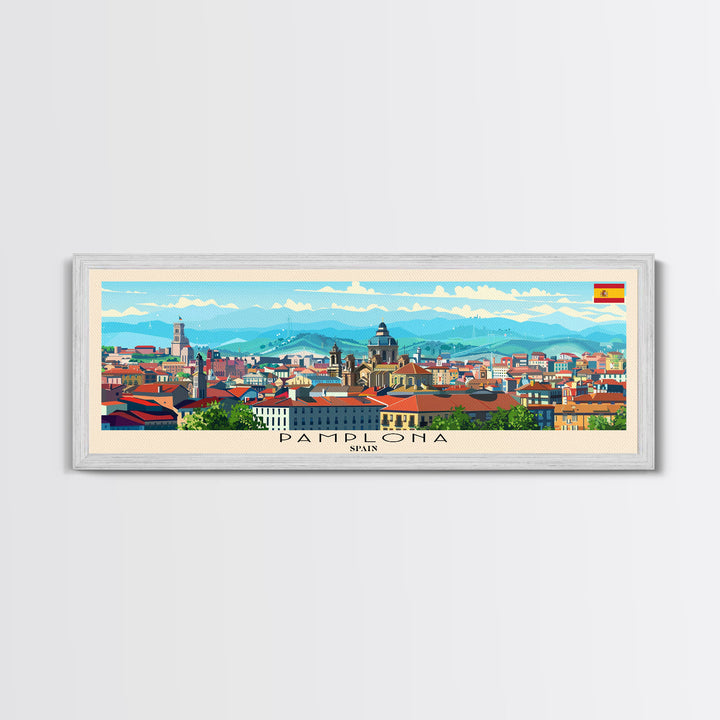Pamplona Spain Panoramic Travel Poster, Framed Canvas Print or Metal Wall Art, Travel Art, Home Decor, Panoramic Painting, Midcentury Art