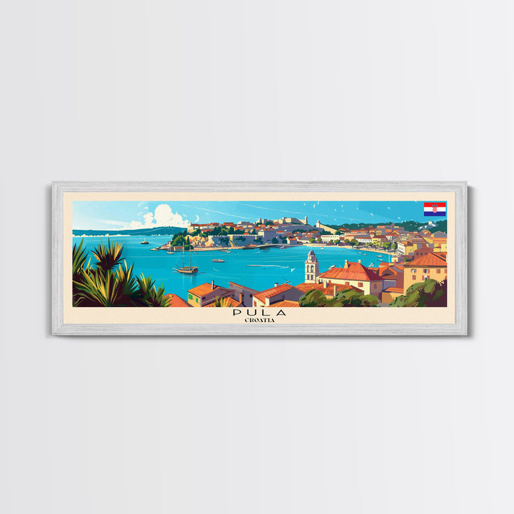 Pula Croatia Panoramic Travel Poster, Framed Canvas Print or Metal Wall Art, Travel Art, Home Decor, Panoramic Painting, Midcentury Art