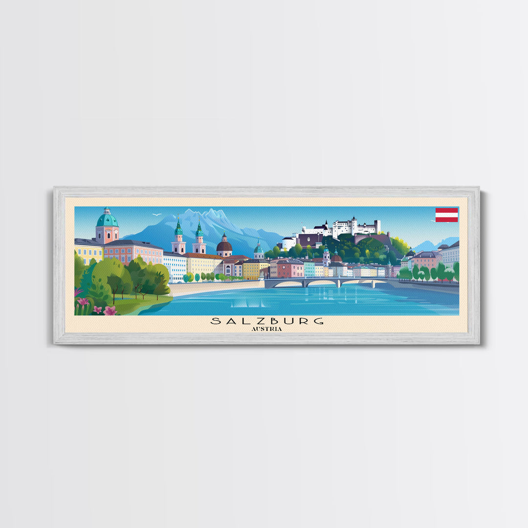 Salzburg Austria Panoramic Travel Poster, Framed Canvas Print or Metal Wall Art, Travel Art, Home Decor, Panoramic Painting, Midcentury Art