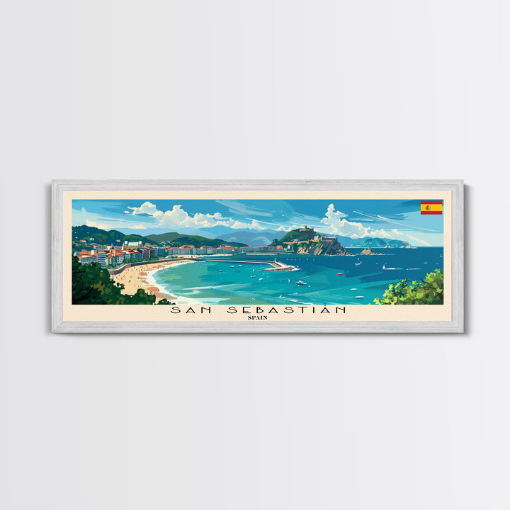 San Sebastian Spain Panoramic Travel Poster, Framed Canvas Print or Metal Wall Art, Travel Art, Home Decor, Panoramic Painting, Midcentury Art