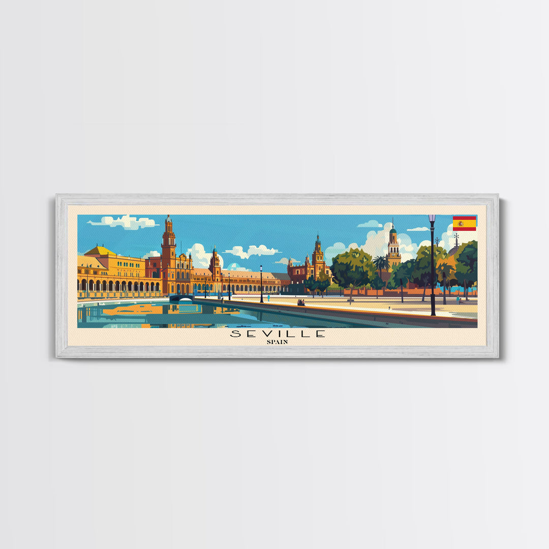 Seville Spain Panoramic Travel Poster, Framed Canvas Print or Metal Wall Art, Travel Art, Home Decor, Panoramic Painting, Midcentury Art
