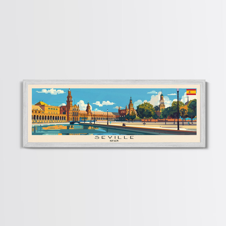 Seville Spain Panoramic Travel Poster, Framed Canvas Print or Metal Wall Art, Travel Art, Home Decor, Panoramic Painting, Midcentury Art