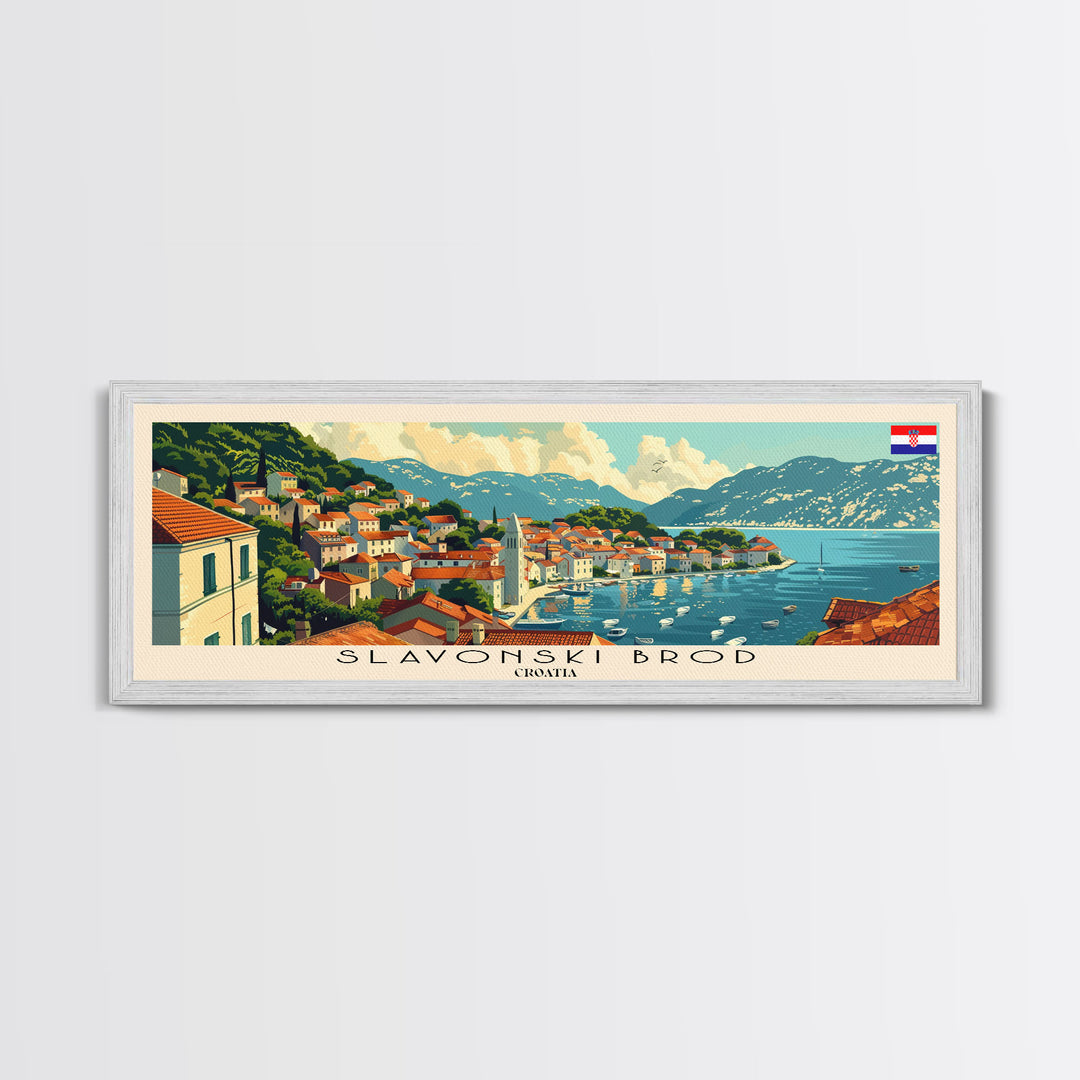Slavonski Brod Croatia Panoramic Travel Poster, Framed Canvas Print or Metal Wall Art, Travel Art, Home Decor, Panoramic Painting, Midcentury Art