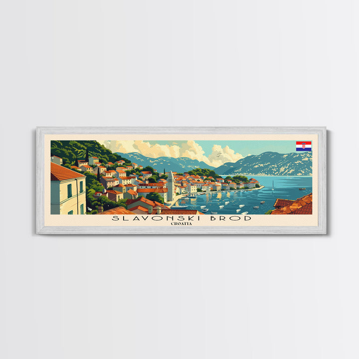 Slavonski Brod Croatia Panoramic Travel Poster, Framed Canvas Print or Metal Wall Art, Travel Art, Home Decor, Panoramic Painting, Midcentury Art