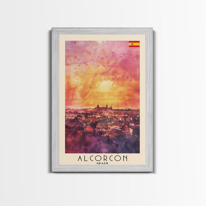 Alcorcón Spain Sunset Skyline Travel Poster Art, Framed Canvas Print, Beautiful Wall Art for Living Room or Bedroom, Home Decoration