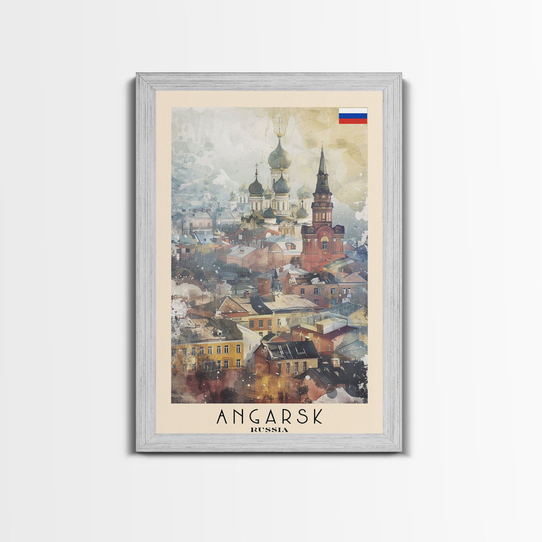 Beautiful Angarsk Skyline, Framed Canvas Print, Unique Travel Poster Art, Living Room Wall Decor, Minimalist Style, Watercolor Painting