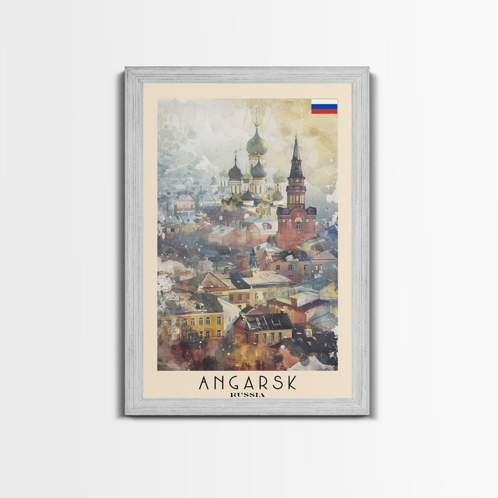 Beautiful Angarsk Skyline, Framed Canvas Print, Unique Travel Poster Art, Living Room Wall Decor, Minimalist Style, Watercolor Painting