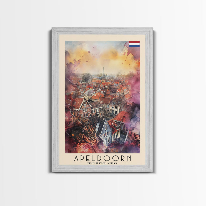 Scenic Apeldoorn Rooftops, Framed Canvas Print, Perfect for Living Room Art, Travel Poster, Boho Wall Decor, Watercolor Painting