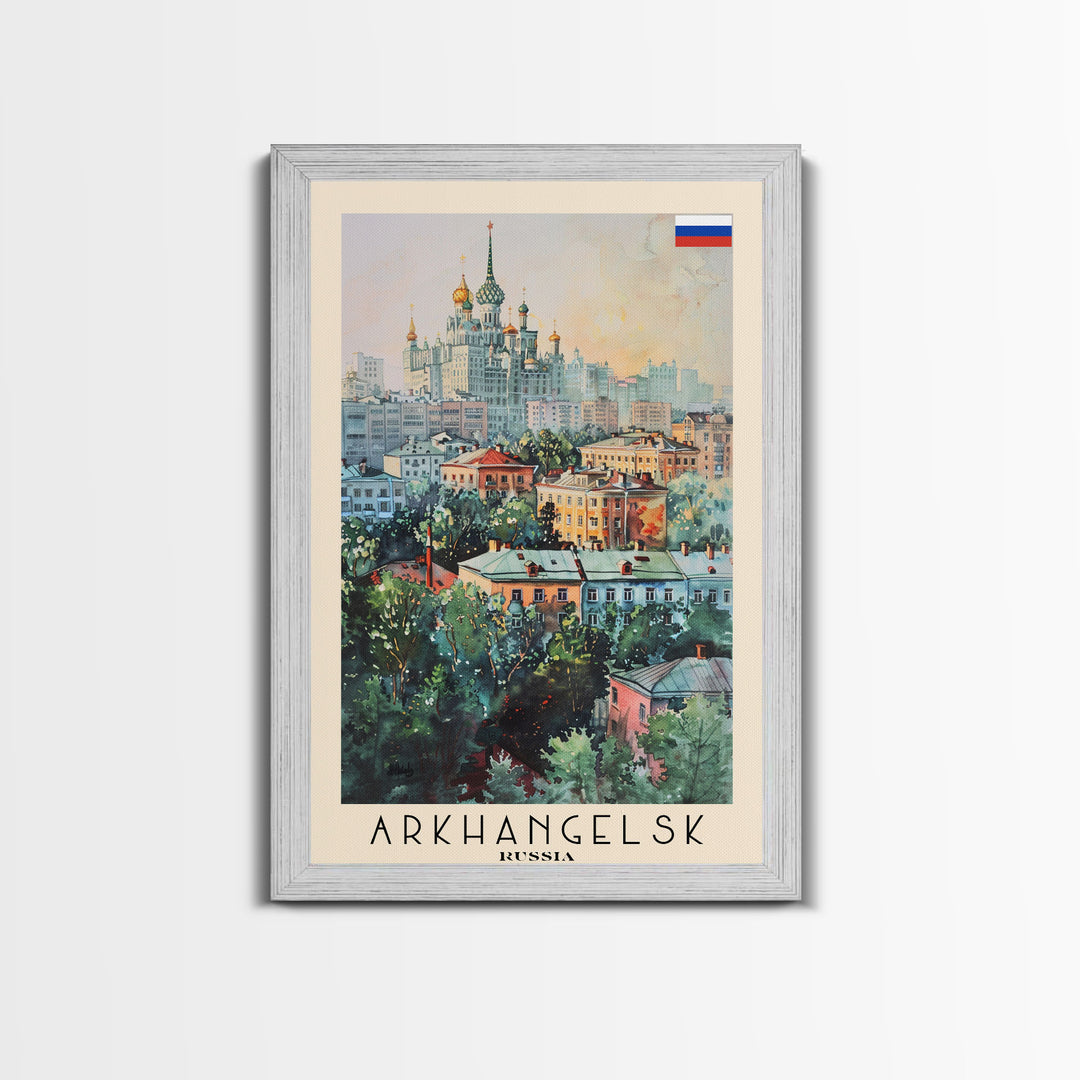 Majestic Arkhangelsk View, Framed Canvas Print, Perfect for Living Room Art, Travel Poster, Boho Home Decor, Watercolor Art