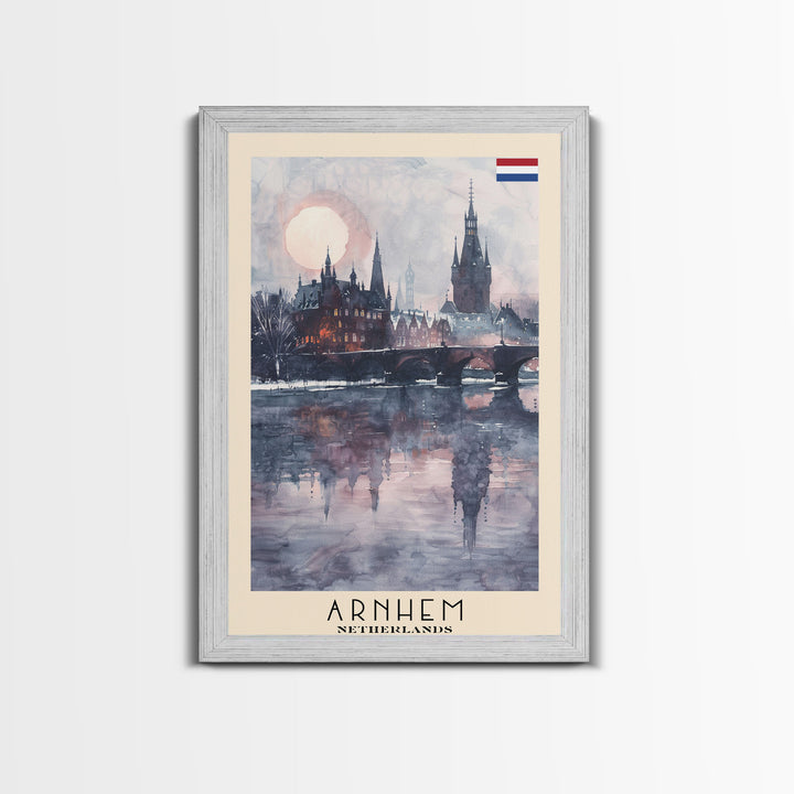 Arnhem Netherlands Travel Poster Framed Canvas Print, Wall Art, Home Decor, Vacation Print, Watercolor Painting, Cityscape Art