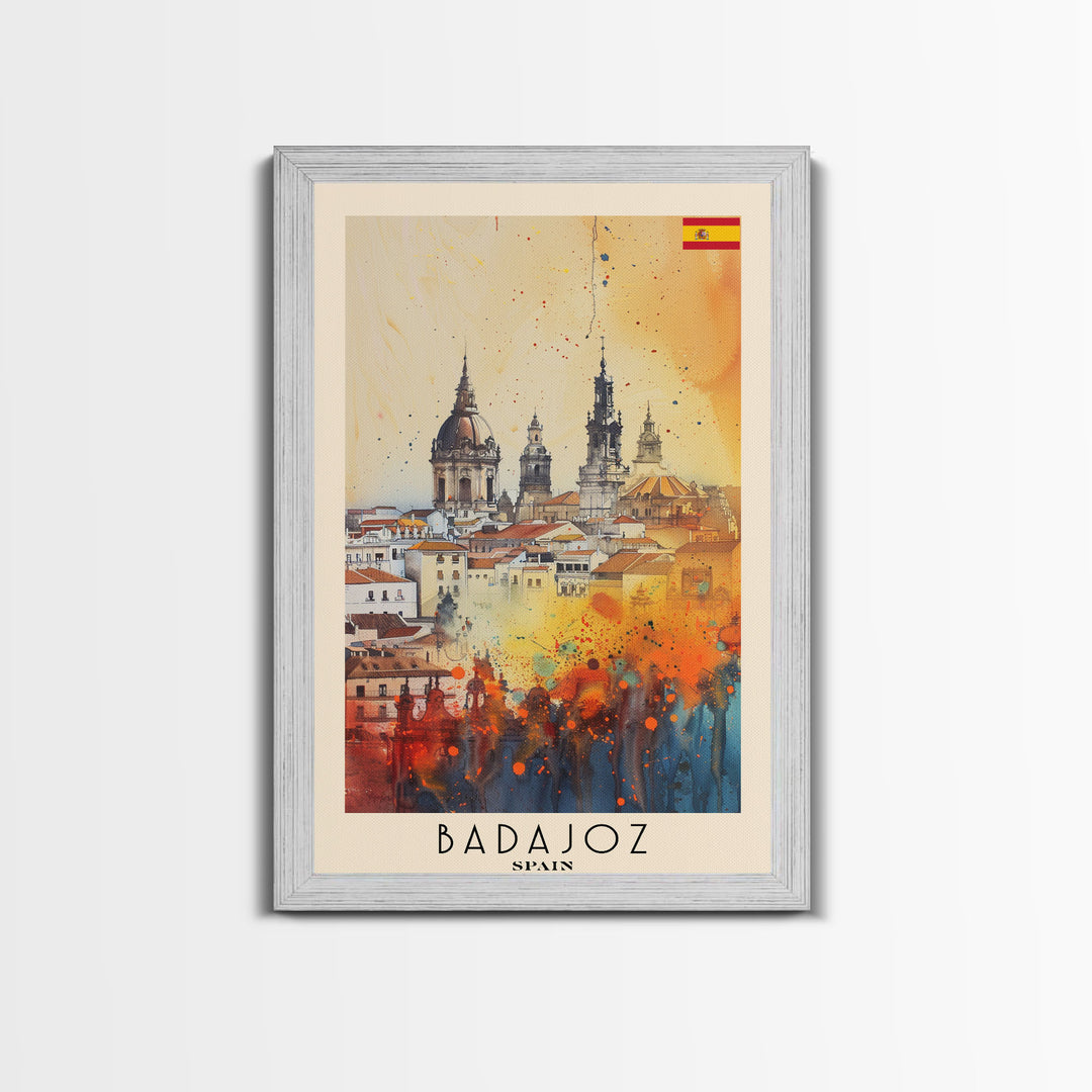 Badajoz Spain Travel Poster Framed Canvas Print, Wall Art, Home Decor, Vacation Print, Watercolor Painting, Cityscape Art, Vibrant Colors
