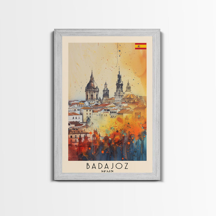 Badajoz Spain Travel Poster Framed Canvas Print, Wall Art, Home Decor, Vacation Print, Watercolor Painting, Cityscape Art, Vibrant Colors