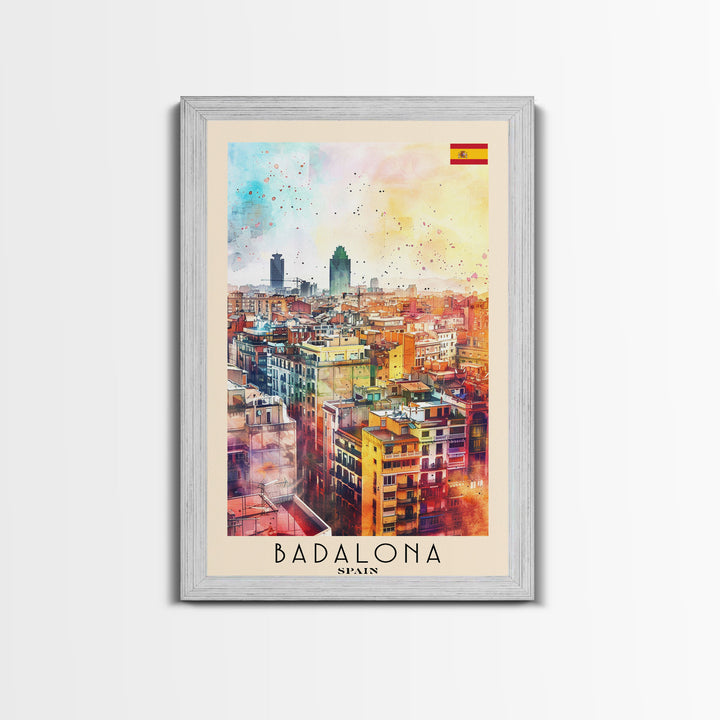 Badalona Spain Travel Poster Framed Canvas Print, Wall Art, Home Decor, Travel Print, Watercolor Painting, Urban Cityscape, Original Art