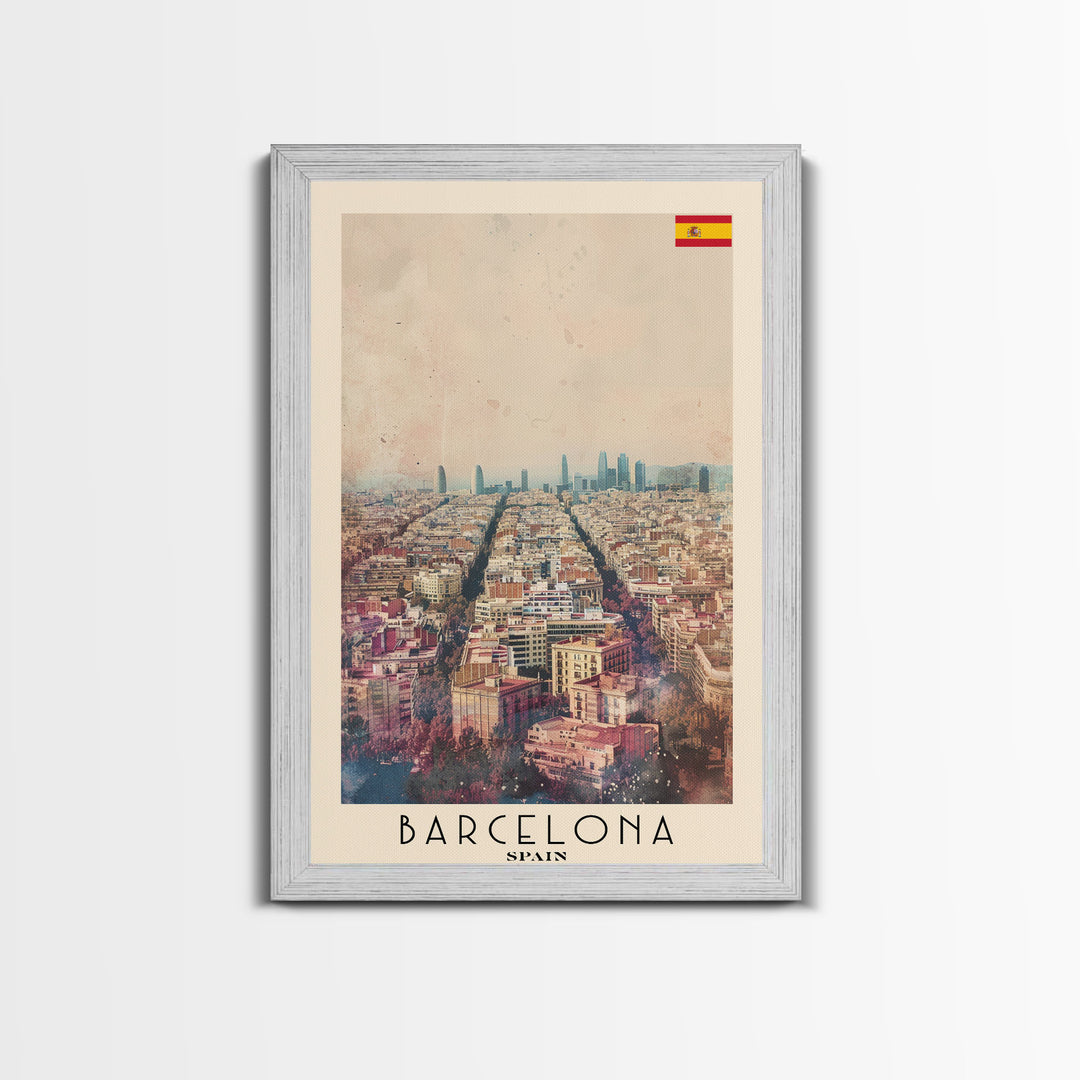 Barcelona Spain Travel Poster Framed Canvas Print, Wall Art, Home Decor, Travel Print, Watercolor Painting, Urban Scene, Vibrant Colors
