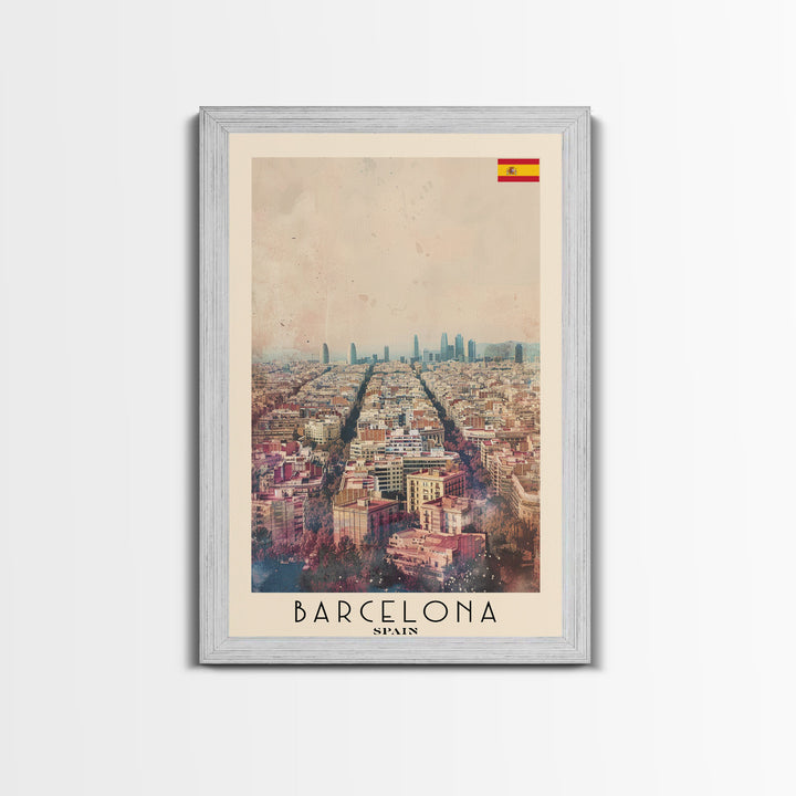 Barcelona Spain Travel Poster Framed Canvas Print, Wall Art, Home Decor, Travel Print, Watercolor Painting, Urban Scene, Vibrant Colors