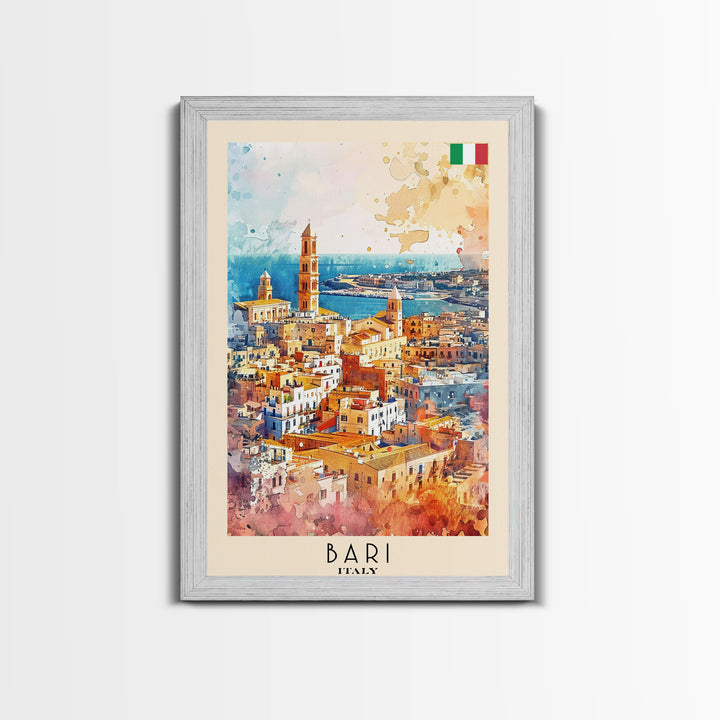 Bari Italy Travel Poster Framed Canvas Print, Wall Art, Home Decor, Watercolor Painting, Vacation Gift, Minimalist Art