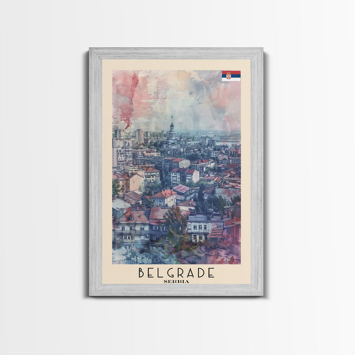 Belgrade Serbia Travel Poster Framed Canvas Print, Wall Art, Living Room Art, Watercolor Painting, Original Art, Vacation Gift