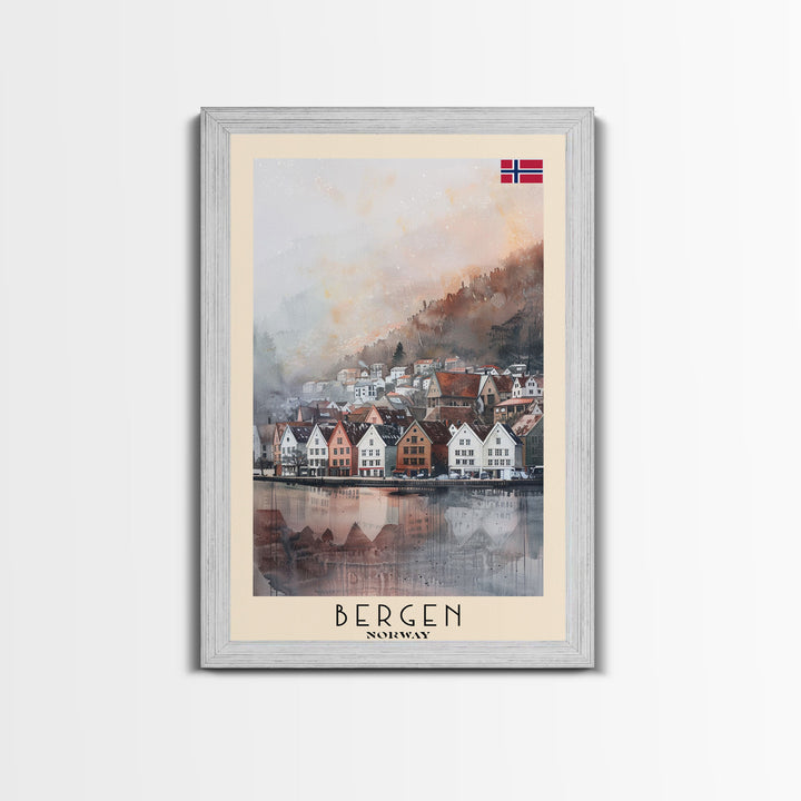 Bergen Norway Travel Poster Framed Canvas Print, Watercolor Painting, Wall Art, Home Decor, Boho Art, Scenic Travel Print