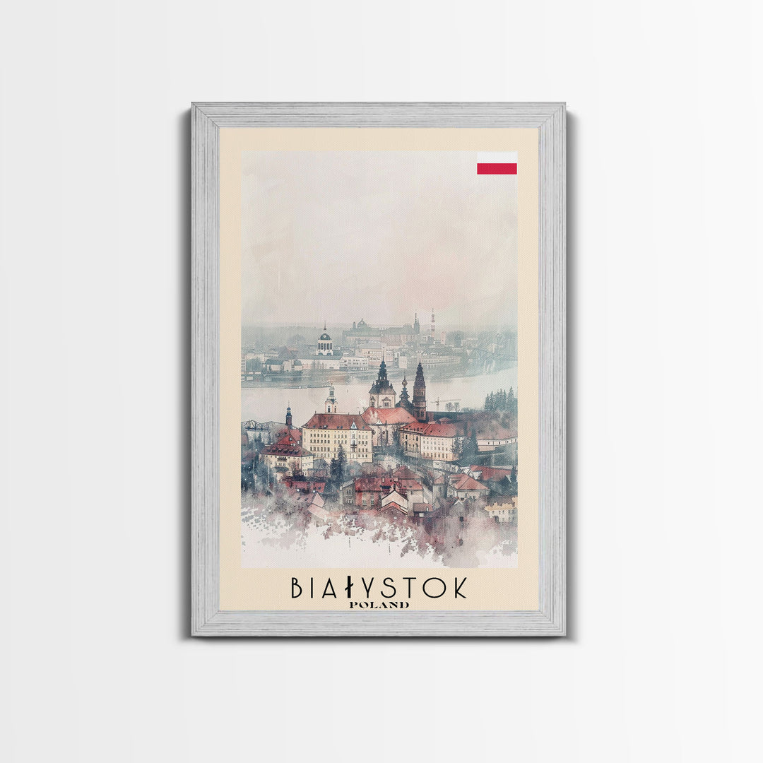 Białystok Poland Travel Poster Framed Canvas Print, Watercolor Art, Home Decor, Wall Art, Travel Print, Historic Cityscape Art