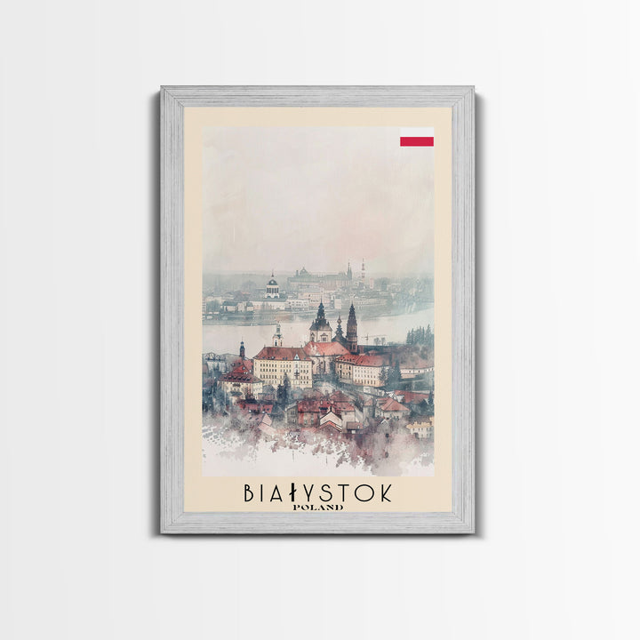 Białystok Poland Travel Poster Framed Canvas Print, Watercolor Art, Home Decor, Wall Art, Travel Print, Historic Cityscape Art