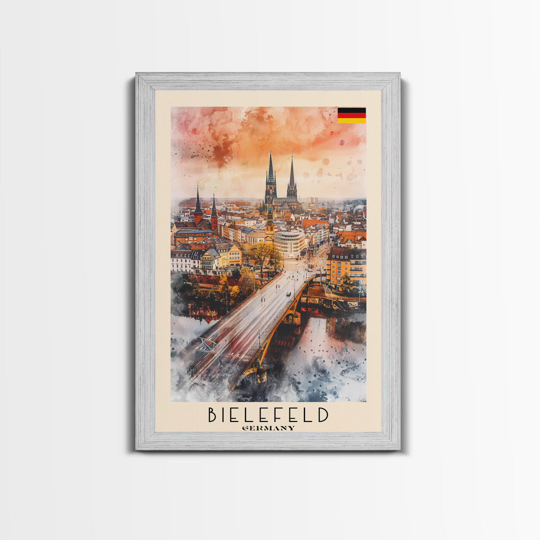 Bielefeld Germany Travel Poster Framed Canvas Print, Watercolor Art, Home Decor, Wall Art, Travel Print, Cityscape Art