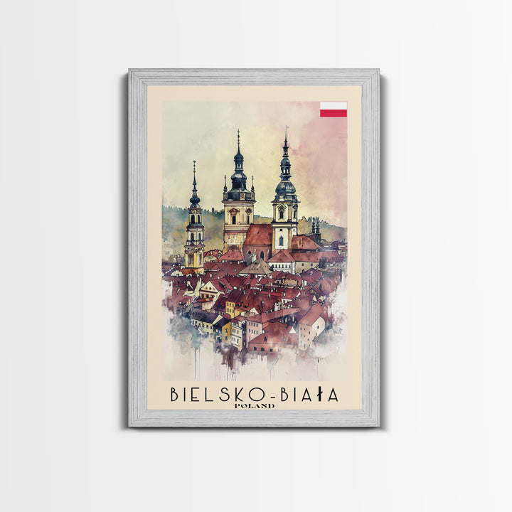 Bielsko-Biała Poland Travel Poster Framed Canvas Print, Watercolor Painting, Wall Art, Home Decor, Travel Print, Historic Cityscape