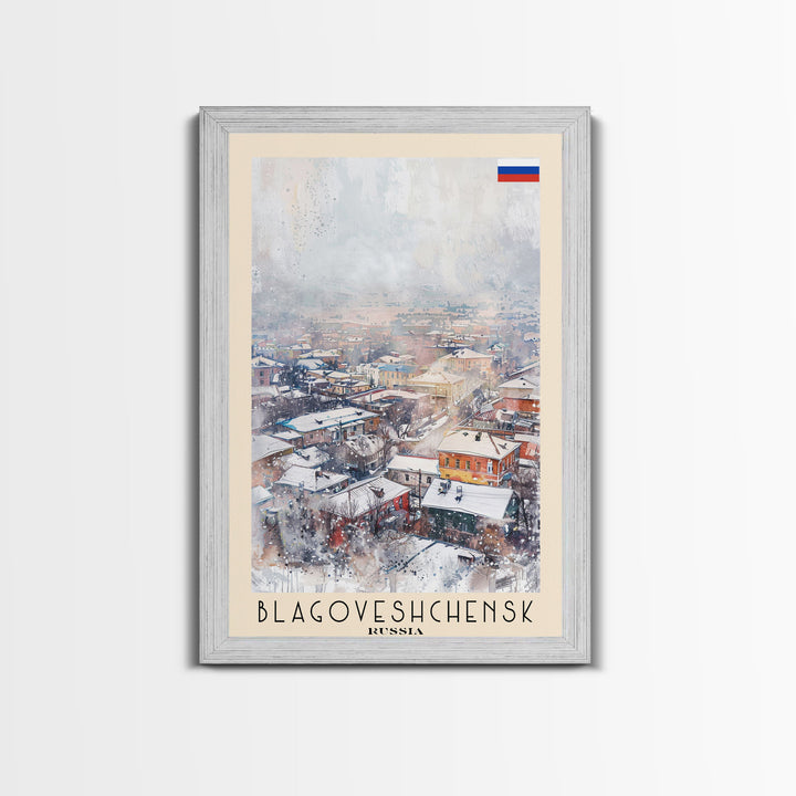 Blagoveshchensk Russia Travel Poster Framed Canvas Print, Wall Art, Home Decor, Travel Print, Winter Scene, Original Art